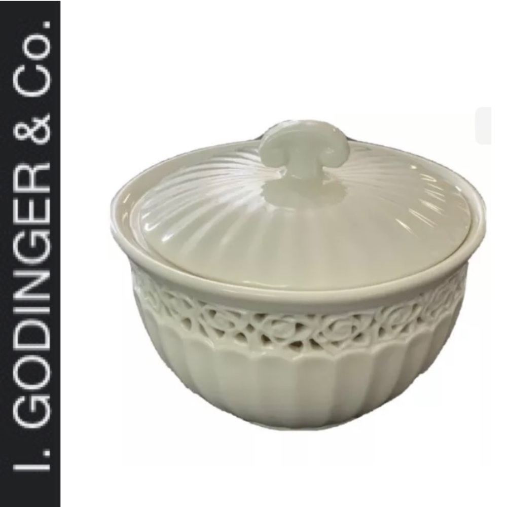Ivory Lace Serving Bowl with Lid Rice Pattern I.Godinger & Co